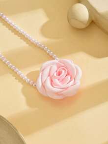 1pc Pearl & Floral Decor Necklace, Versatile Pink & White - Pink - View 4
