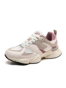 Women's Fashionable Beige Casual Sports Shoes, Lightweight Road Running Shoes, Breathable Outdoor Hiking Shoes, Urban Unisex Sneakers, Reflective Fashionable Chunky Sneakers (Slimming Effect, Please Size Up If Your Feet Are Wide, Large Sizes Available) - 杏色 - 查看 17