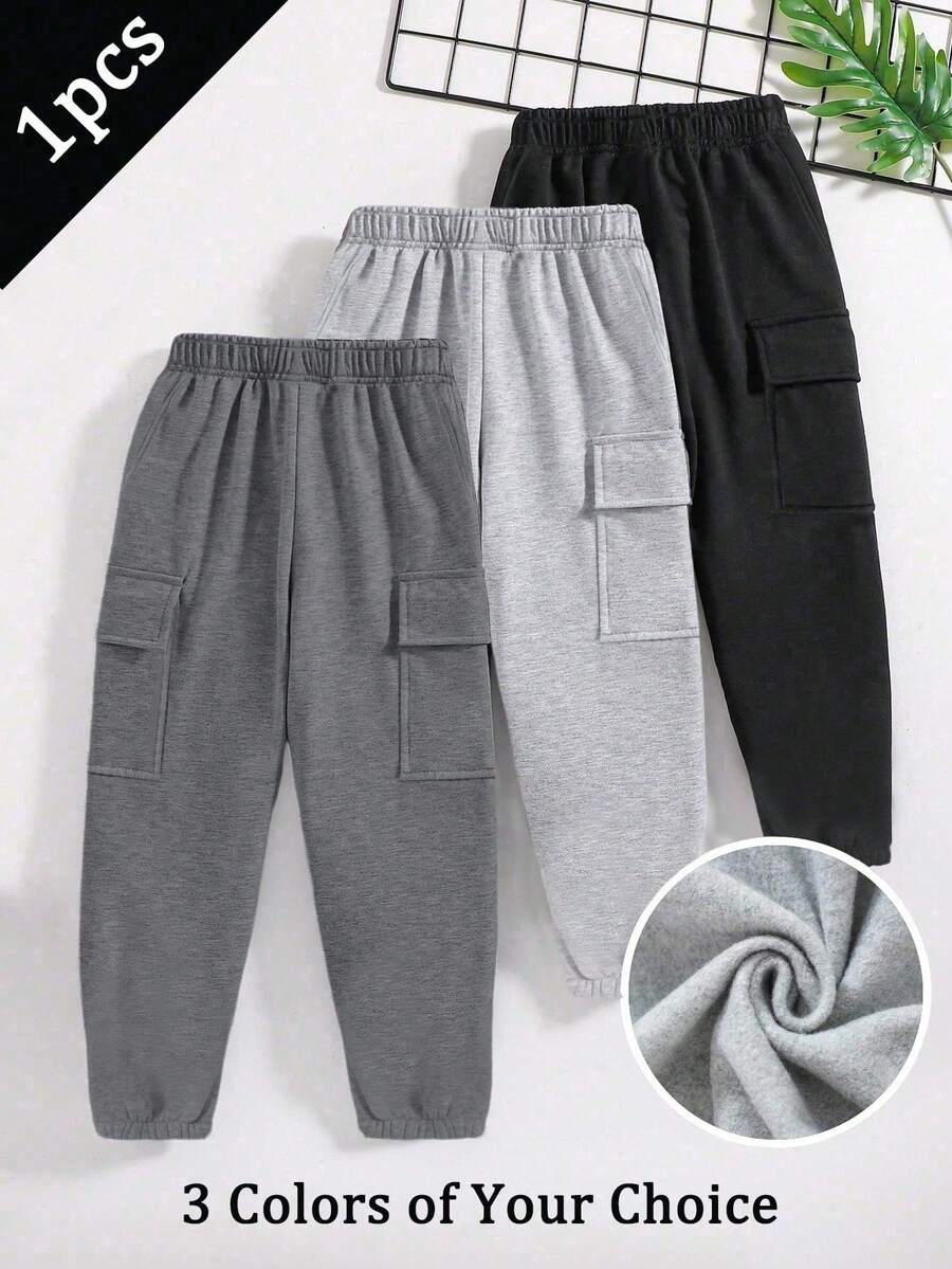 1pc Tween Boys Casual Loose Outdoor Sports Workout Side Pocket Straight Leg Thermal Lined Sweatpants, Thick & Warm For Autumn/Winter - Dark Grey - View 1
