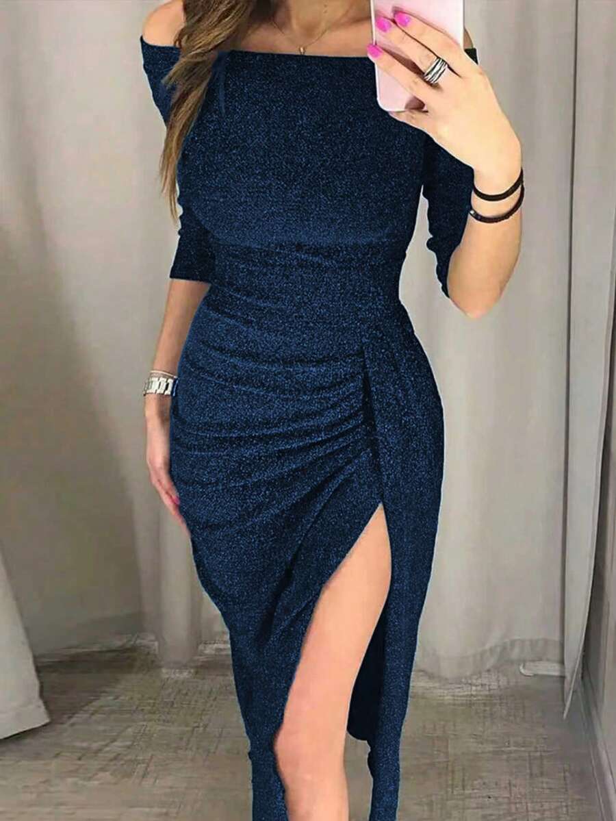 Elegant Formal Party Sequin Dress, Off-Shoulder, Cinched Waist, Slit, Green Midi Dress - Navy Blue - View 1