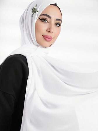 1pc Solid Color Rhinestone Embellished Chiffon Scarf, Rectangular Muslim Hijab Scarf