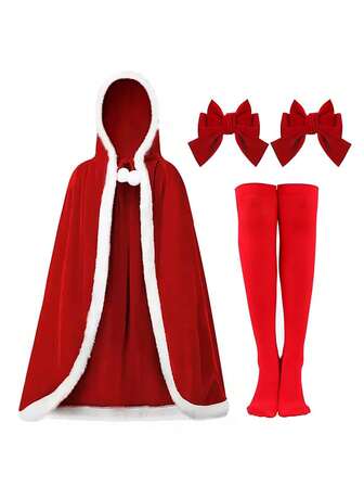 4PCS Christmas-Themed Set - Princess Cape Paired With Plain Knee-Length Stockings, And Featuring Cheerleader Bow Hair Clips. Suitable For Christmas-Themed Cosplay Events And Little Red Riding Hood Role-Play Costumes.