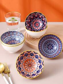 Bohemisk keramikskål, underglasyrmålad risskål, ny förtjockad keramikporslin, kan förpackas i presentask, lämplig för servering av ris, sallad, pasta, desserter, och ett idealiskt val för presenter till familj och vänner, inflyttningsfiranden. Keramiskt porslin, ugn, mikrovågsugn och diskmaskin. - Multifärgad - Visa 2