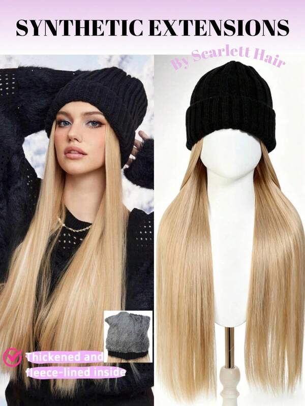 1顶带帽假发，黑色针织帽，搭配22英寸长直金色合成假发，适合日常佩戴、沙龙护理、角色扮演、派对、婚礼等场合，打造自然妆效，尤其适合发量较少的女性，也适合角色扮演、Y2K、洛丽塔、JK风格，可作为新年礼物、送给女性、儿童和女孩的礼物，或情人节礼物。