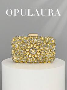 Bolso de mano de lujo para mujer OpulAura, con caja mini brillante con diamantes de imitación en color dorado, bolso de noche con brillo para ocasiones formales, bolso de fiesta/boda/gala de moda con cadena
