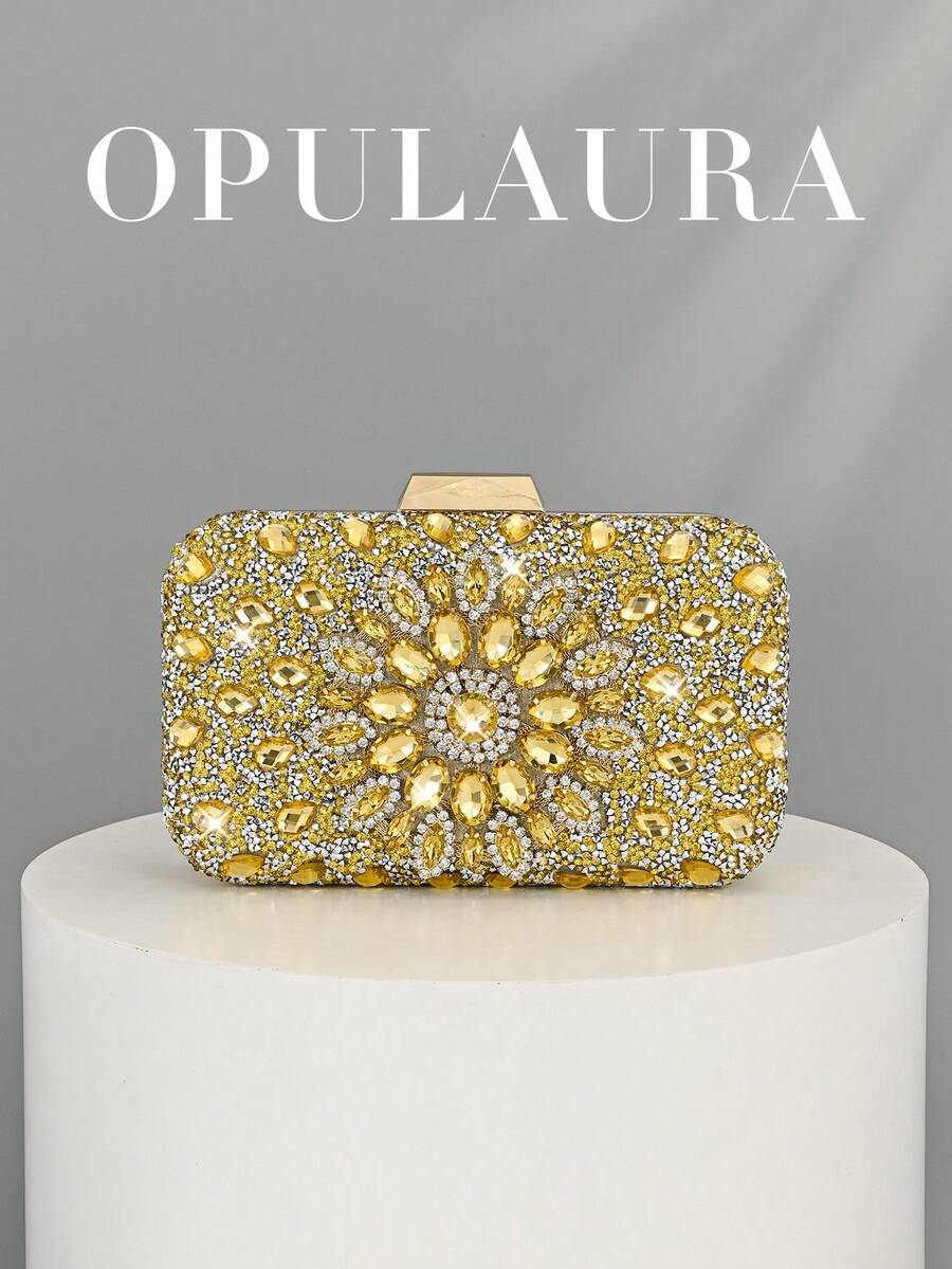 Bolso de mano de lujo para mujer OpulAura, con caja mini brillante con diamantes de imitación en color dorado, bolso de noche con brillo para ocasiones formales, bolso de fiesta/boda/gala de moda con cadena