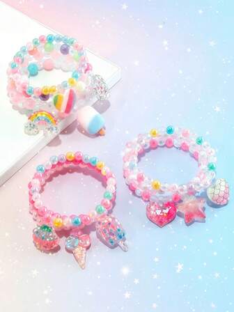 10pcs/Set Girls' Heart, Rainbow, Cartoon Charm Bracelet, Colorful Beaded Jewelry Set, Suitable For Holiday Party, Birthday Gift, Random Color