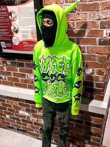 Harajuku Y2K Hoodie Casual Devil Horn Sweatshirt Streetwear Devil Corner Hoodie Unisex Loose-Fitting Street Style Pullover - Màu xanh chanh - Xem 2