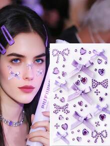 一张约171颗钻石心形蝴蝶结水钻贴纸，闪亮宝石贴纸，可用于脸部、身体、指甲，适合圣诞节、派对、节日、Y2K风格，有黄色、蓝色、红色、粉色、紫色可选。