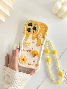 Wave Ripples Cartoon Handmade Sticker Accessories, Yellow Painted Cream Wavy Pattern Protective Case With Chain, Compatible With IPhone 17/17 Pro/17 Pro Max, 16/16 Pro Max, 15, 14, XR/7/8, 15 Pro Max, 13, 14, 11, Soft Case, P12, Anti-Drop, XS, Redmi - Multicolor - View 6