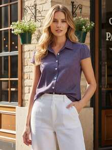 Camisa informal de verano a cuadros para mujer, color rojo, manga corta, cuello vuelto, botones y parte superior - Azul - Ver 2