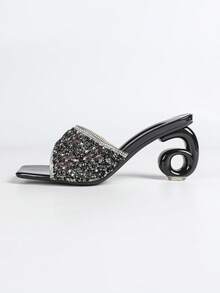 Women's High Heels. Square Toe, Fully Rhinestoned Uppers, Asymmetric Heel, Comfortable. Luxurious, Sparkling Rhinestones, Suitable For Parties, Gatherings, Balls, Shopping, Various Occasions And Festivals, Rhinestone Embellished Solid Color Beach Sandals,Spring Summer Outfits - Black - View 10