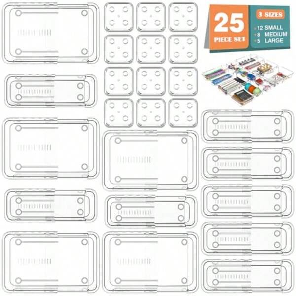 25 Pcs Adjustable Clear Plastic Drawer Organiser Set 4 Sizes Desk Drawer Divider Organizers And Storage Bins For Makeup Jewelry Gadgets For Kitchen Bedroom Bathroom Office