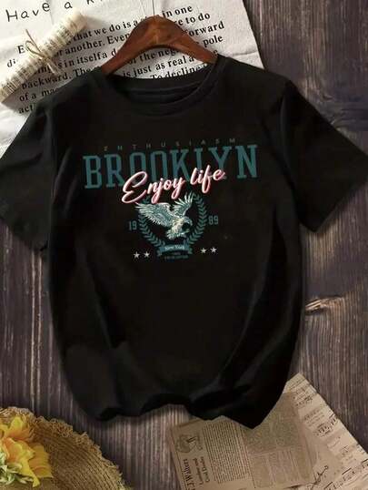 Camiseta de manga corta para mujer, estampado de Águila de Brooklyn, cuello redondo, poliéster 100%, estiramiento medio, tejido de punto TCFU