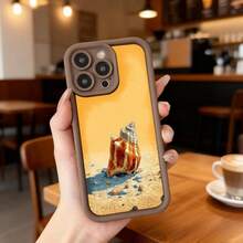 Cubierta de telefono con borde negro y parte trasera amarilla con estampado de concha marina en playa dorada para uso diario en cafeterias y espacios interiores Aplicable a los teléfonos de la serie Apple y Galaxy - Blanco - Ver 4