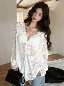 Sexy V-Neck Black Lace Blouse, Lightweight Sheer Cardigan Design Long Sleeve Top For Spring/Summer - White - View 2