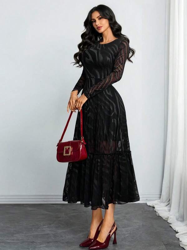 فستان نسائي أنيق وجذاب بطراز جوتيك رجعي، ذو نمط جاكارد من الدانتيل مع بطانة مزدوجة، تنورة واسعة مناسبة للذهاب إلى العمل أو حفلات العطلات