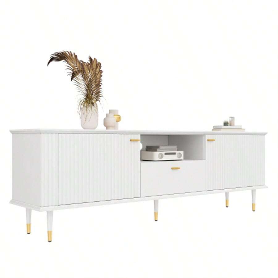 TV-Schrank Mit Offenen Fächern Und Schubladen, Lackierte Structures, Soft-Close-Scharniere - White - View 1