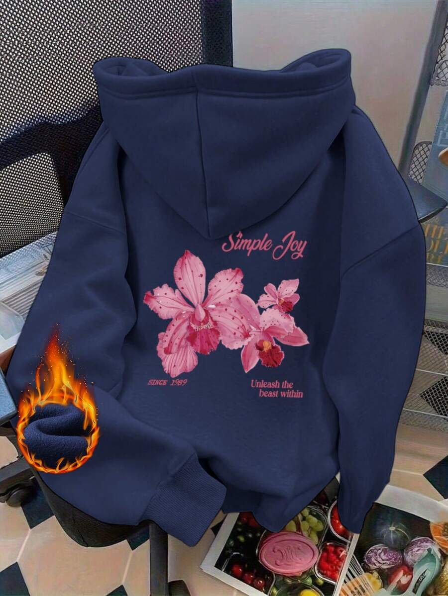 女士印花长袖抽绳连帽卫衣,带口袋,休闲宽松套头衫,时尚冬季服装,适合日常穿着 - 藏藍 - 查看 1
