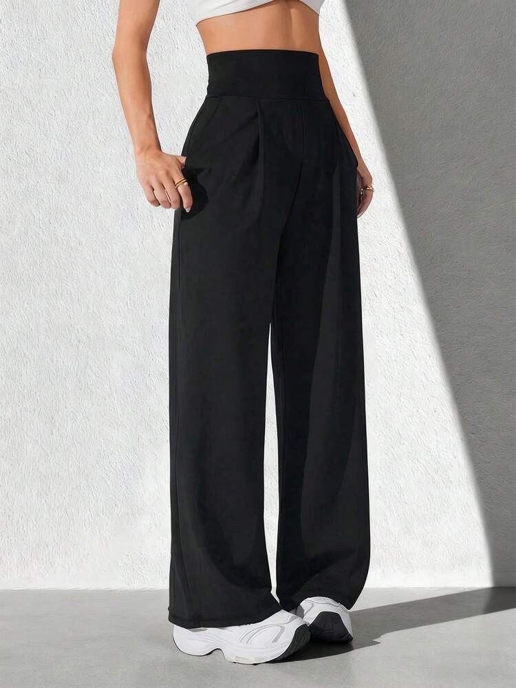 Women's High Waist Solid Color Casual Slant Pocket Pleated Wide Leg Pants - Black - View 2