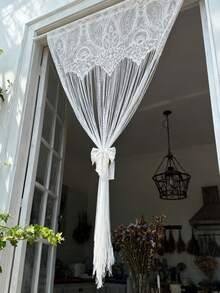 1pc White Lace Curtain With Long Tassels, Floral Embroidery Pattern, Princess Style, Sheer Short Cafe Curtain, Suitable For Kitchen, Bathroom, Bedroom Doorway, Rod Pocket Top - White - View 4