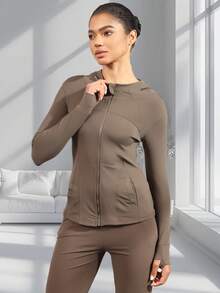 Women's Hooded Long Sleeve Sports Jacket With Thumbholes With Pockets, Breathable Athletic Casual Pullover, Sportswear, Fitness Clothing, Yoga Jacket, Fitness Clothing, Long Sleeve Cycling Sweatshirt, Women's Outdoor Sports Running Tops, Women's Yoga Hoodie Suitable For Running, Fitness, Yoga, Everyday Leisure - Cà phê nâu - Xem 6