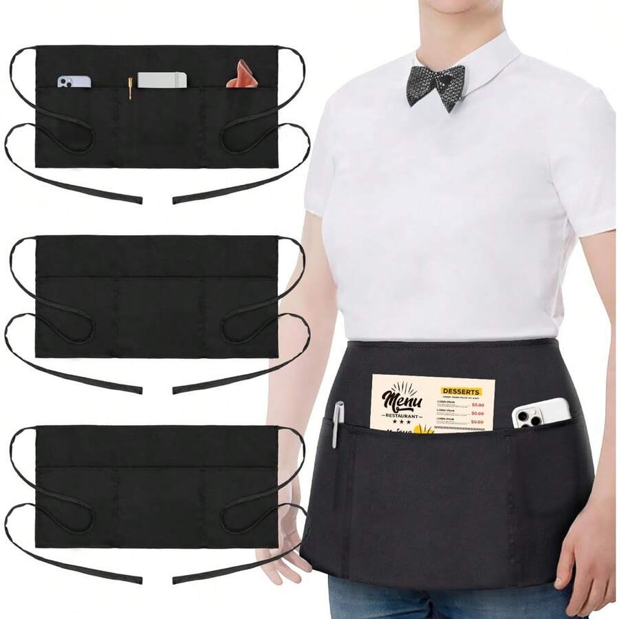 2 Pack Waitress Half Aprons With 3 Pockets, 12 Inch Black Waist Aprons For Servers, Water & Oil Resistant Aprons For Women Food Service Aprons - 3 Pack - 查看 1