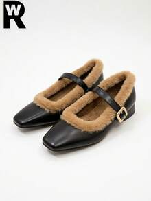 2025 New Autumn/Winter French Retro High Heel Furry Mary Jane Shoes, Soft Leather Thick Heel Pumps - Black - View 1