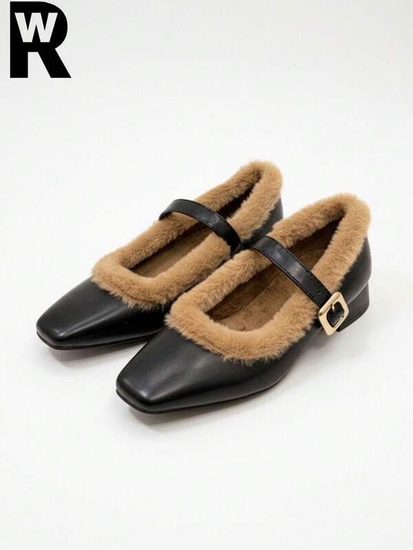 2025 New Autumn/Winter French Retro High Heel Furry Mary Jane Shoes, Soft Leather Thick Heel Pumps