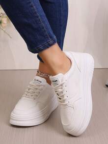 1 Pair Thick Sole Solid White Casual Sneakers, Suitable For All Seasons - Beige - View 6