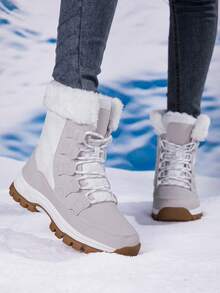 Fall/Winter Women's Outdoor Snow Boots, Women's Casual Mid-Calf Lightweight Anti-Slip Warm Snow Boots, Women's Thermal-Lined Thick Comfortable Short Boots,Fur Boots - White Gray - View 3