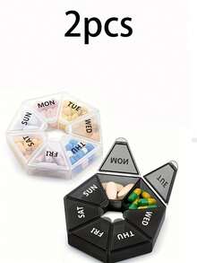 1pc 7-Grid Pill Box, Mini Portable Travel Medicine Storage Container, Multi-Functional Plastic Sealed Compartment Box With 7 Medication Dividers, Suitable For Tablets, Vitamins And Supplements, Easy To Carry For Travel, Can Also Be Used For Jewelry And Small Items, Each Round Lid Has Labeled Wording.