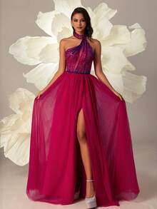 VIPGIRL Halter Neck Tulle Skirt Elegant Women's Evening Gown - Hot Pink - View 3