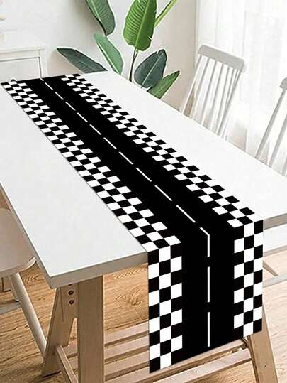 1pc 35*180cm Black & White Checkered Racing Track Pattern PE Table Runner, Disposable Tablecloth For Racing/Motorcycle Themed Birthday Party, Kitchen Dining Table Decor, Racing Event Party Decoration, Home Kitchen Dining Table Centerpiece, Birthday Decoration, Racing Party Track Game Prop