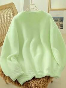 Áo len dệt kim màu trơn mềm mại và ấm áp dành cho nữ, trang phục thường ngày cho mùa thu - Màu xanh Bạc hà - Xem 2