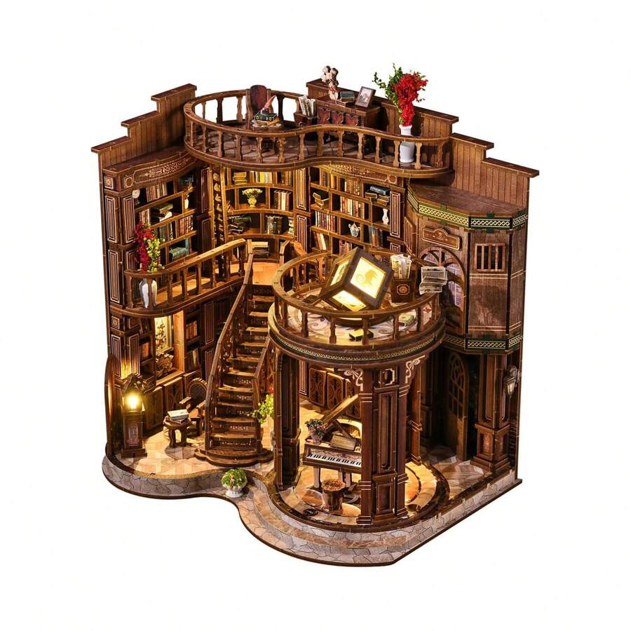DIY Miniature House Kit, Reading Nook Kit, Wooden Bookshelf Craft Kits With 3D Puzzles, Dollhouse Kit With LED Light, Mini Building Kit For Adults And Teens (Dream Reading Room) - màu nâu - Xem 1