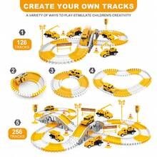 135件套儿童赛车轨道搭建玩具套装，包含工程卡车和赛车玩具，灵活的工程道路，电池供电（36V及以下），适合3-12岁男孩女孩，电动轨道赛车玩具，可连接轨道，非常适合作为圣诞节、复活节、万圣节、新年、生日礼物，不含电池