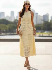 Lace Flared Dress, Beachwear, Elegant Style. - Yellow - View 1