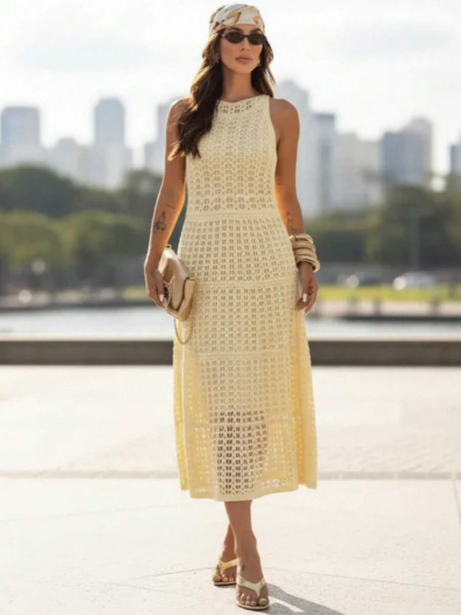 Lace Flared Dress, Beachwear, Elegant Style. - Yellow - View 1