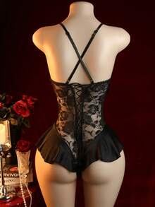 性感蕾丝连体衣，露背露裆设计，性感黑色内衣，抽绳设计，成人贴身衣物 | 蕾丝边饰 | 可调节肩带，内衣配饰 - 黑色 - 查看 3