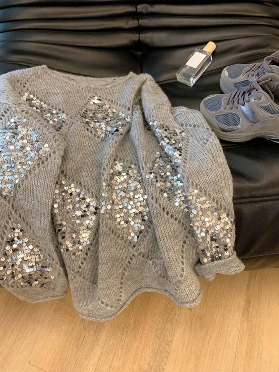EAVA 女士复古高端慵懒风亮片镂空针织套头毛衣，老钱风格，休闲宽松版型，亮片