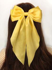 1pc Solid Color Satin Hair Clip With Ribbon Streamers And Large Bowknot, Versatile Hair Accessory For Women Valentine's Day Claw Clips Hair Claws Hair Barrettes, School Stuff, Elegant, College, Winter Outfit For Women, Bows, Cute - 黃色 - 查看 9