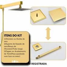 Slim Square Shower Head With Luxury Hand Shower And Diverter - 金色 - 查看 4