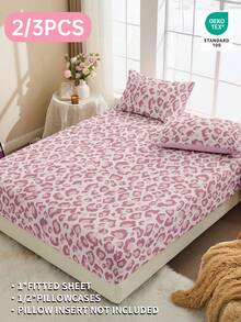 2/3-teiliges Spannbetttuch Set, Bettwäsche, Matratzenschoner, Bettüberwurf, Bettlaken, Heimdekoration, gemütliche Heimtextilien, atmungsaktiver und pillingresistenter Matratzenschoner, weich und hautfreundlich, weiche und bequeme Bettwäsche für das Schlafzimmer, modischer Matratzenbezug, komplett abdeckender Matratzenschoner, rosa Basis mit Leoparden-Muster