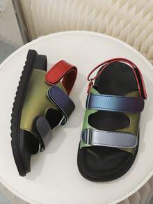 1 Pair Candy Color Thick Sole Hook & Loop Beach Sandals, Kids Open Toe Sandals, Baby Soft Bottom Shoes, Color Block Hook & Loop Decor, PU Material, Easy To Match Flat Heel, Outdoor Fashion Casual Shoes For Summer - Red Violet - View 6