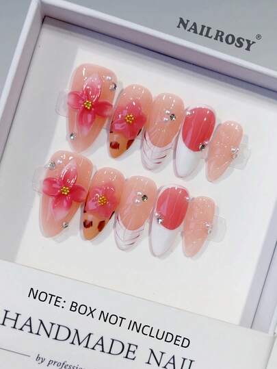 nailrosy 10 Unhas Postiças Acrílicas Artesanais Rosa, Vermelha, Branca e Transparente, Formato Amêndoa, Curtas, com Design Floral 3D, Ferramentas para Unhas Postiças para Casamento, Aniversário, Festa, Estilo Y2K, Unhas Francesas Delicadas