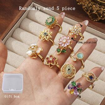 5pcs/Set Fashion Luxury Colorful Cubic Zirconia Rotating Open Ring, Demon Eye Artificial Stone Finger Ring, Flower Shaped Jewelry - Suitable For Women's Party Gifts, Casual Wear And Gifting