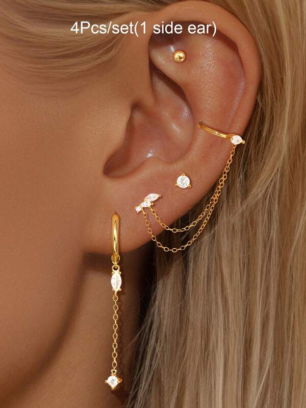 4 Stücke/Set Ohrringe für Frauen, modische kleine Ohrstecker, Anfangsbuchstabe-Ketten-Ohrringe, glamouröser Schmuck-Accessoire für Frauen