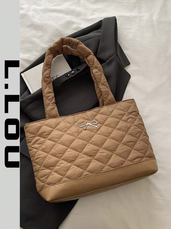 Autumn Space Cotton Padded Bag, Diamond Quilted Large Capacity Shoulder Bag, New Korean Style Women Handbag, Versatile Commuter Tote Bag With Multiple Pockets