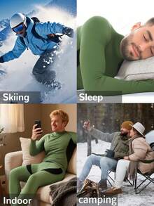 Bộ đồ giữ nhiệt cổ cao bằng vải nỉ dành cho nam - Màu xanh lá cây và đen với đường chỉ khâu tương phản, sọc thể thao | Giữ ấm tuyệt vời cho hoạt động trượt tuyết ngoài trời, co giãn mềm mại thoải mái trong nhà | Lớp lót giữ ấm nhanh khô | Sản phẩm thiết yếu/Quà tặng mùa thu đông, giữ ấm hiệu quả. - màu xanh lá - Xem 7